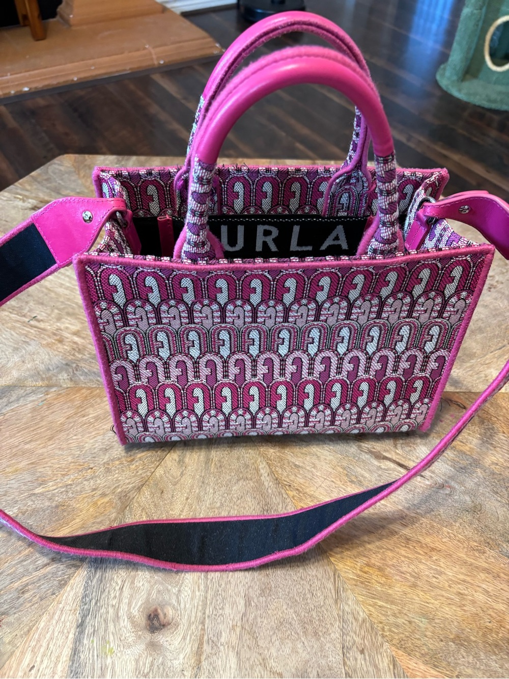 Furla Pink Jacquard Logo Mini Tote with Shoulder Strap